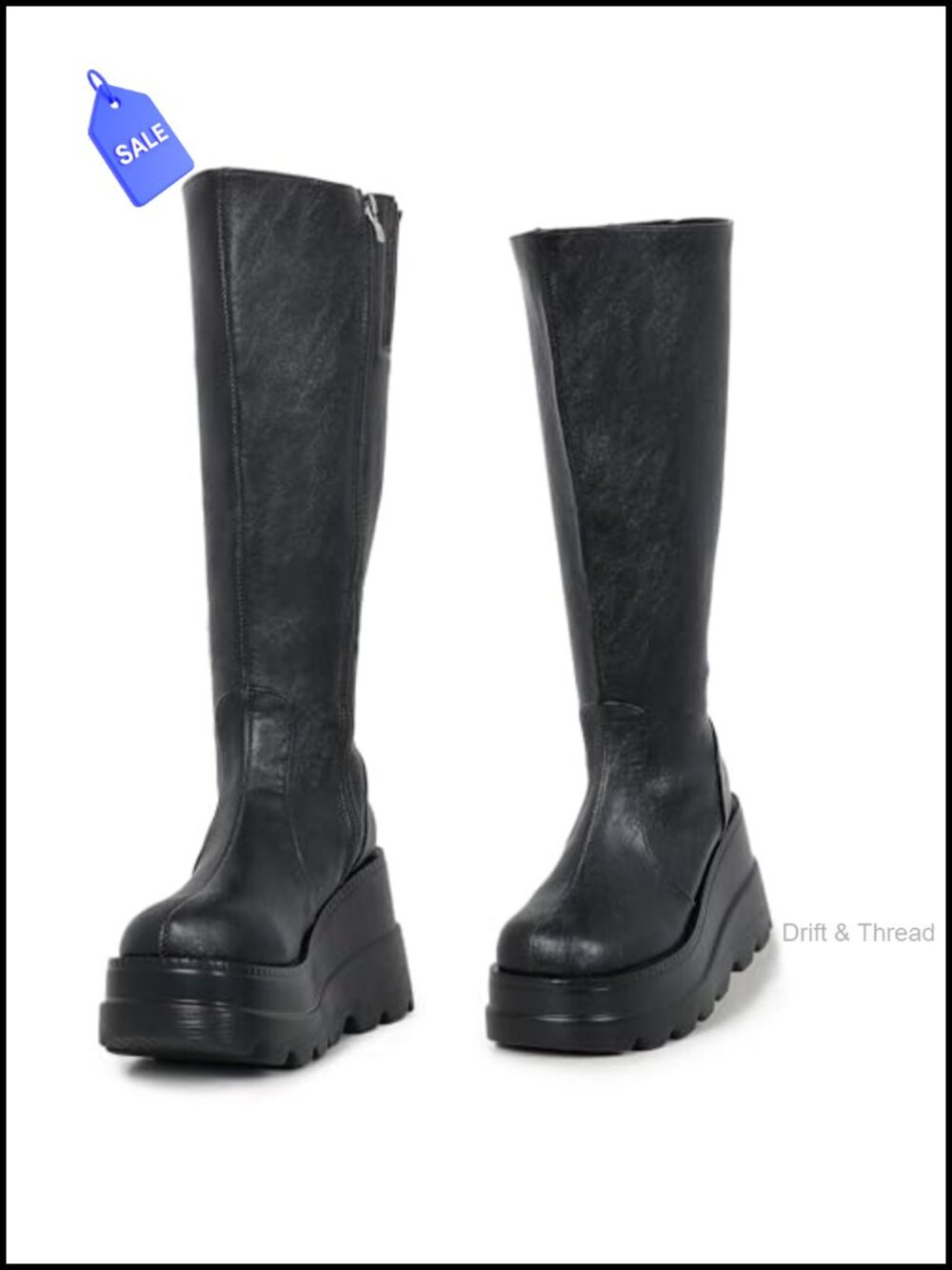 High Platform Knee High Boots Chunky Heel Wedge Faux Leather Wide Calf
